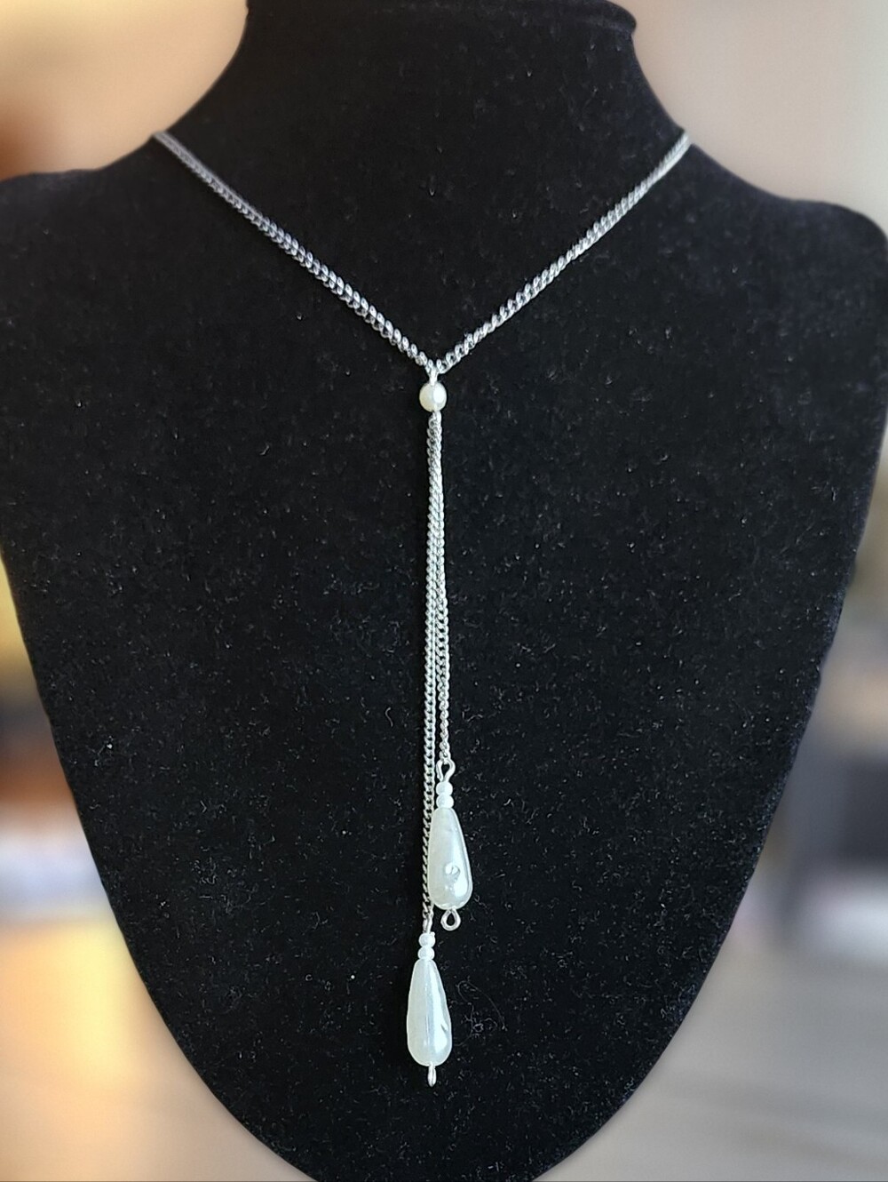 Silver Tone Lariat Necklace with White Pearl Teardrop Pendants